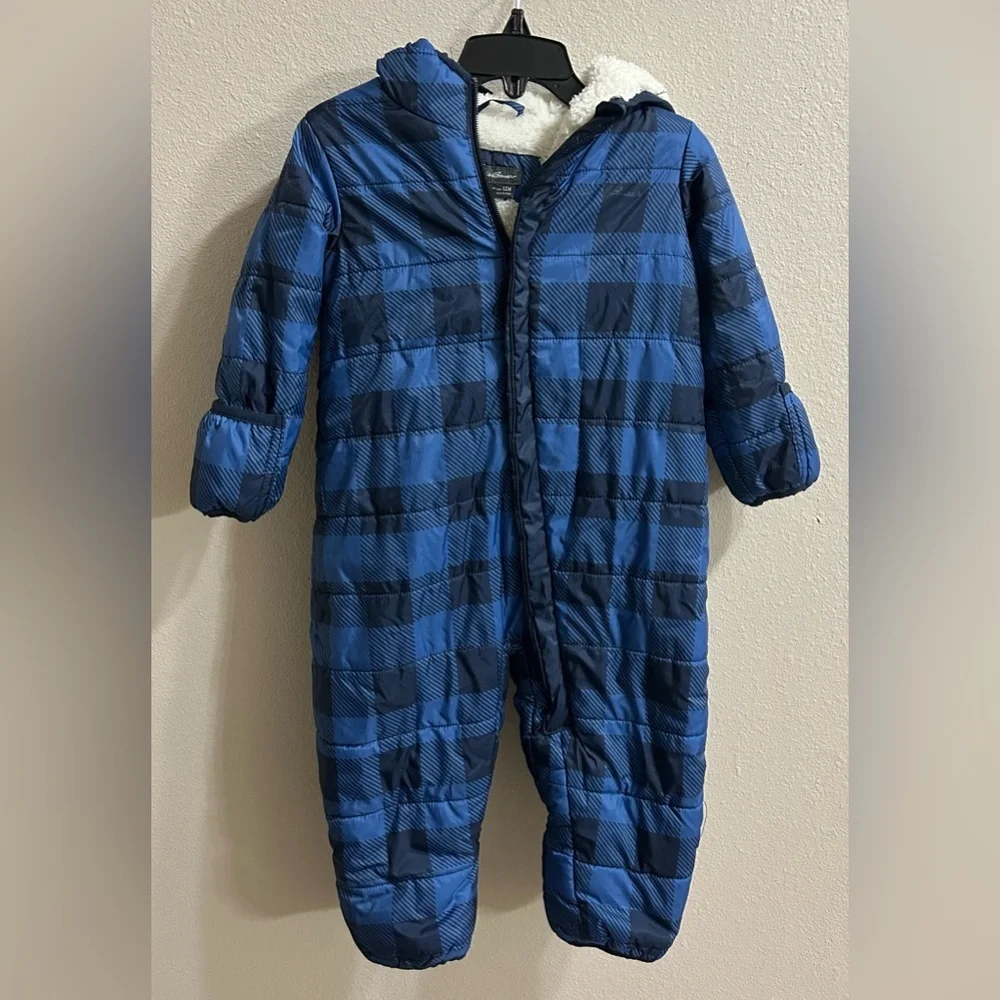 Eddie Bauer Baby Snowsuit Size 12 Months Blue Plaid Fleece Lined Warm Cozy